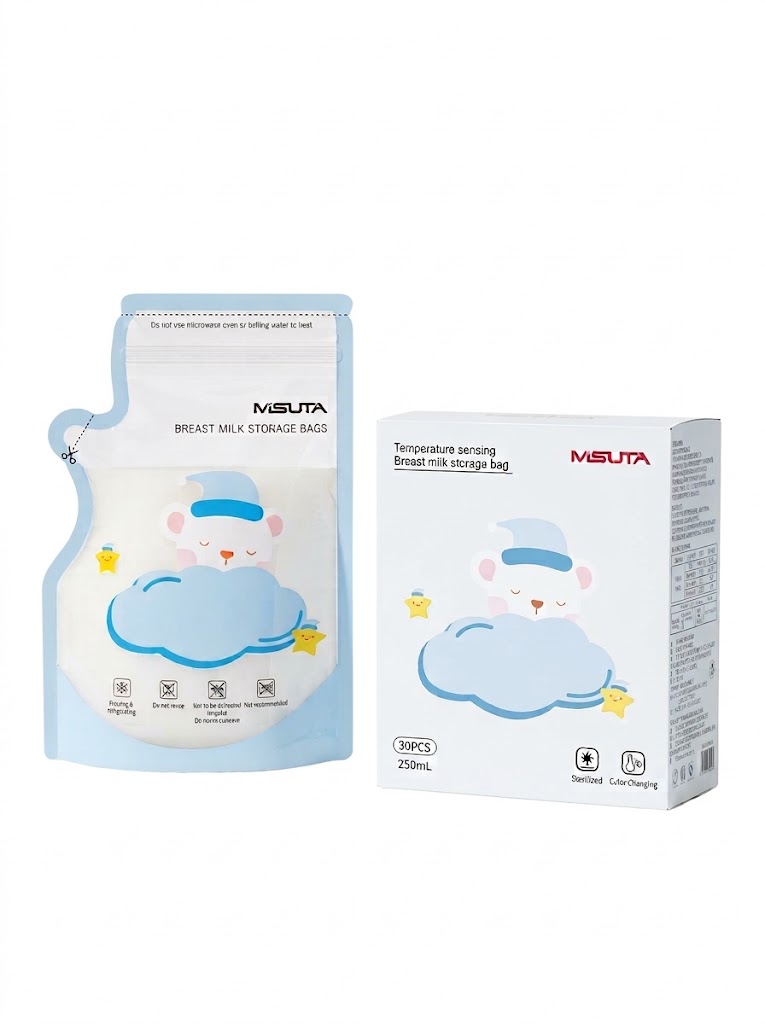 MISUTA Sacchetti per la conservazione del latte materno con sensore di temperatura, 250 ml, pre-sterilizzati, con indicatore termico, ideali per il congelamento (confezione da 30)