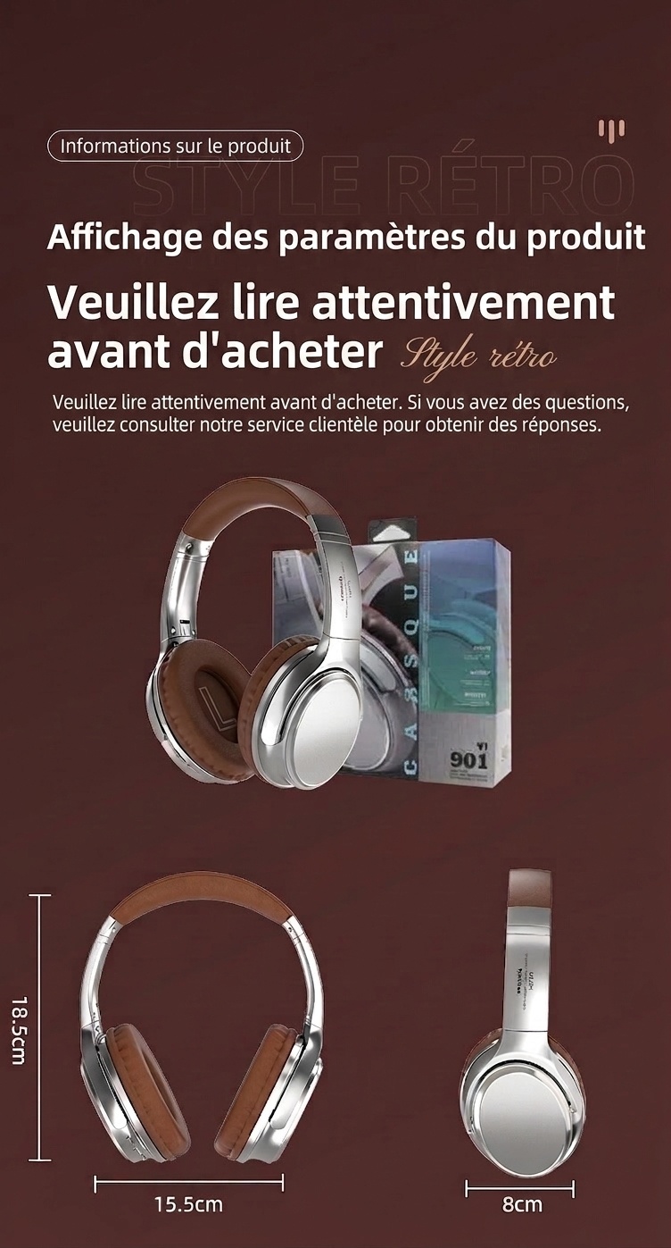 Casque audio rétro sans fil Bluetooth supra-auriculaire avec son haute fidélité