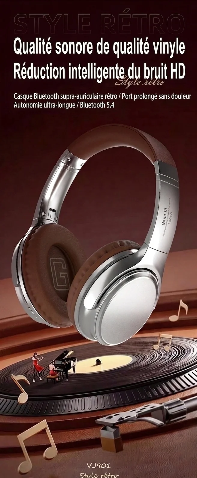 Casque audio rétro sans fil Bluetooth supra-auriculaire avec son haute fidélité