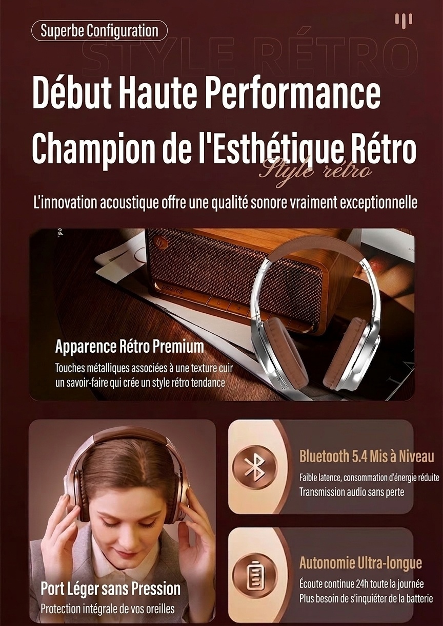 Casque audio rétro sans fil Bluetooth supra-auriculaire avec son haute fidélité