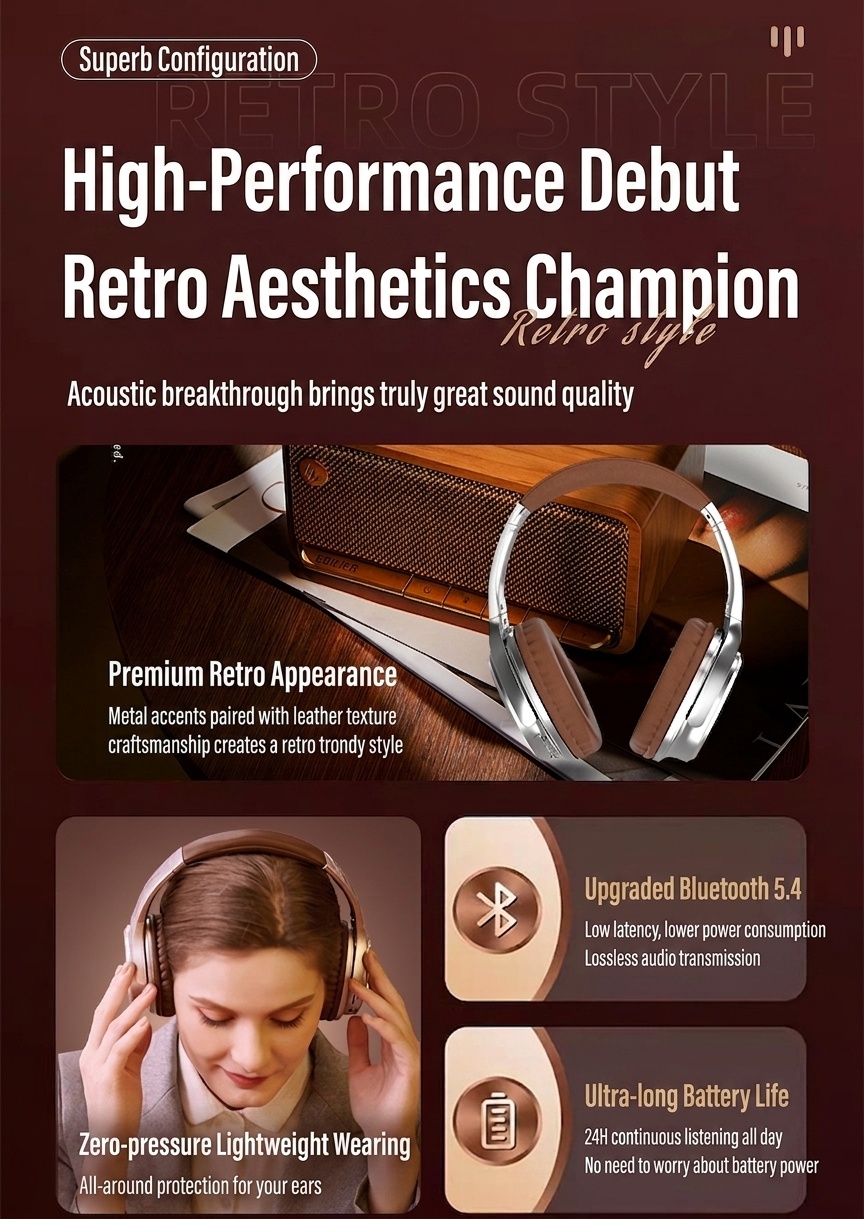 Retro Wireless Bluetooth Headphones Over-Ear Hi-Fi Sound