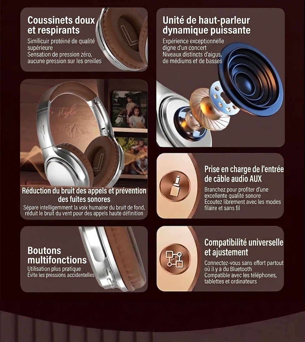 Casque audio rétro sans fil Bluetooth supra-auriculaire avec son haute fidélité