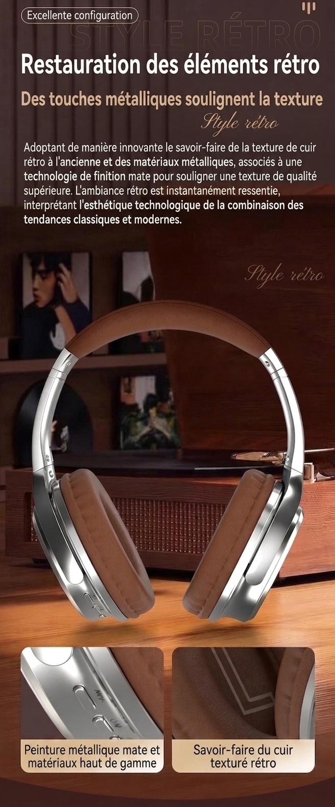 Casque audio rétro sans fil Bluetooth supra-auriculaire avec son haute fidélité