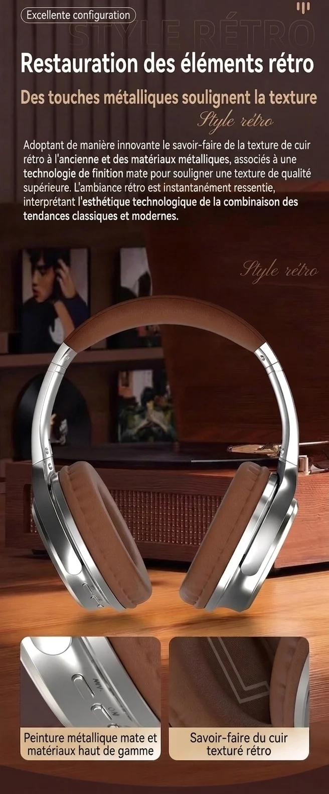 Casque audio rétro sans fil Bluetooth supra-auriculaire avec son haute fidélité