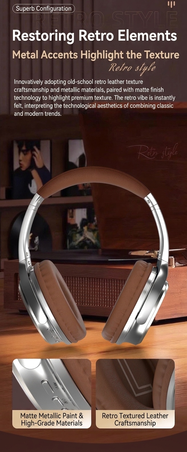Retro Wireless Bluetooth Headphones Over-Ear Hi-Fi Sound