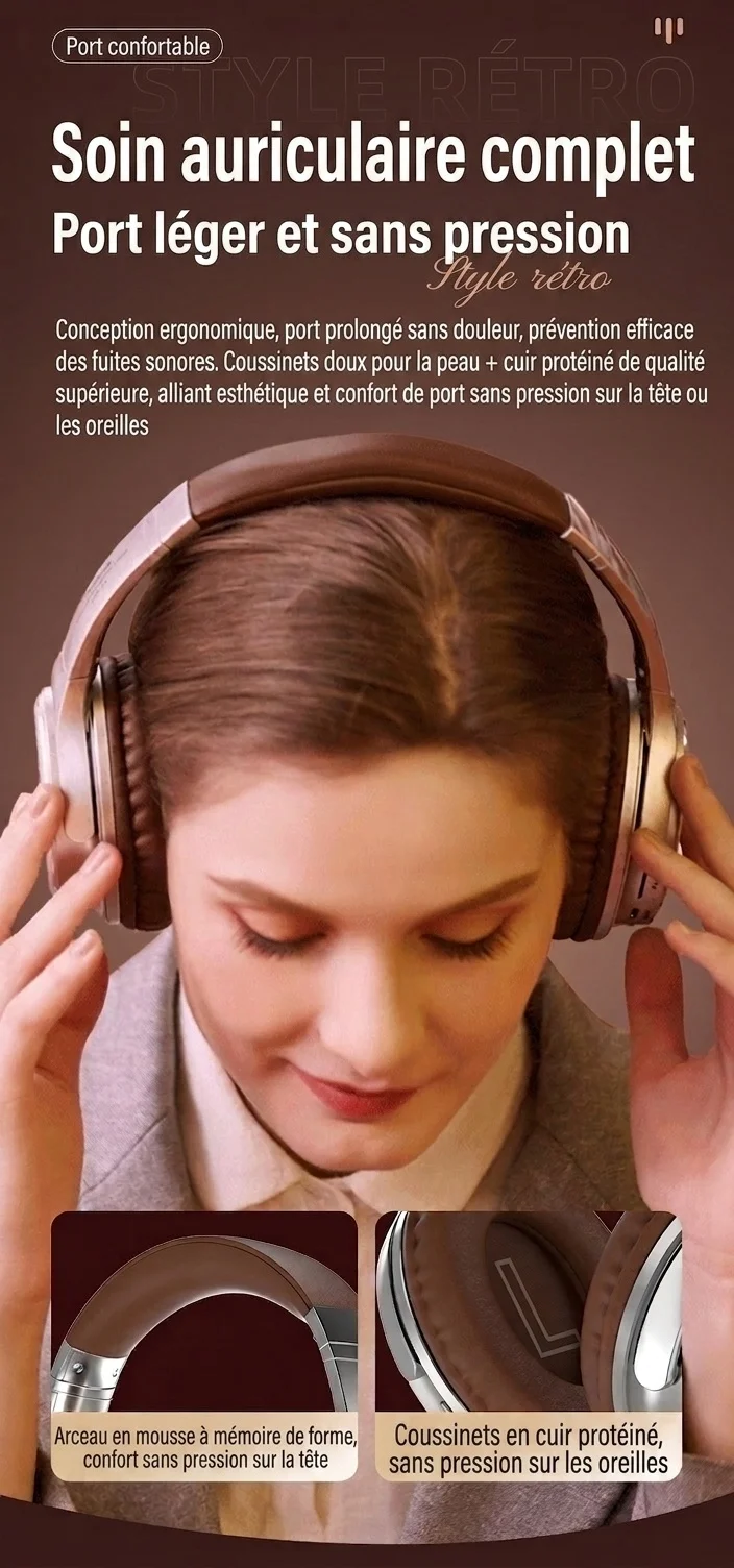 Casque audio rétro sans fil Bluetooth supra-auriculaire avec son haute fidélité