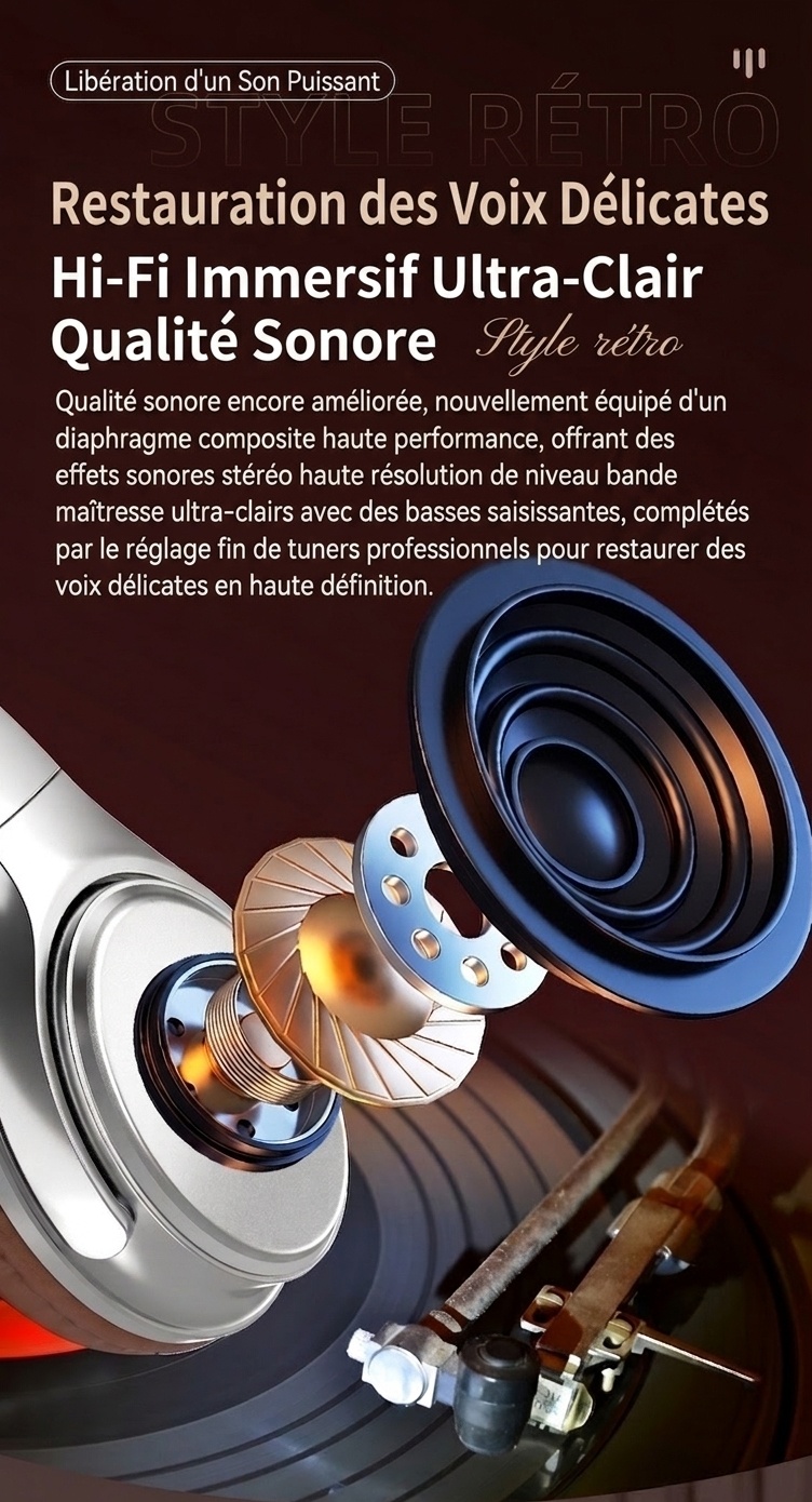 Casque audio rétro sans fil Bluetooth supra-auriculaire avec son haute fidélité