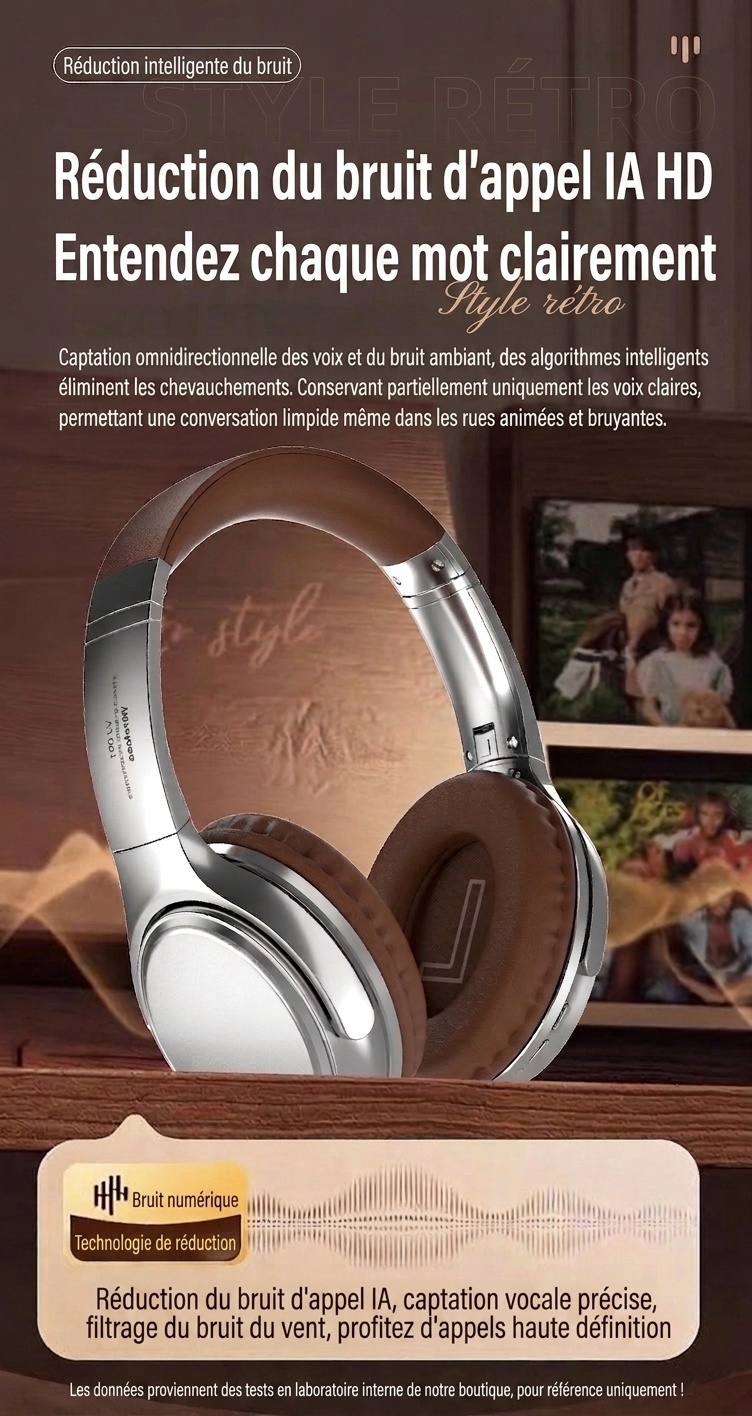 Casque audio rétro sans fil Bluetooth supra-auriculaire avec son haute fidélité