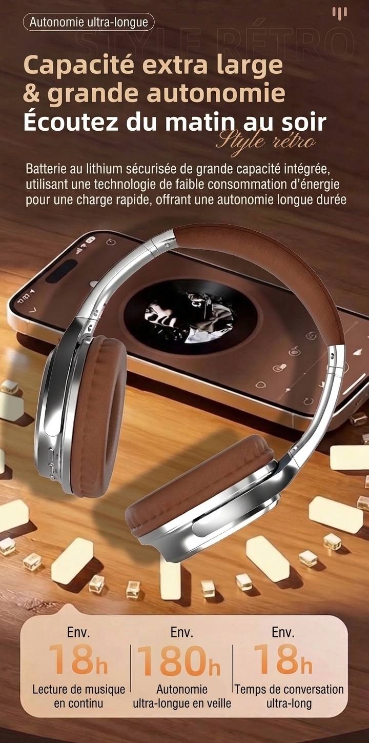 Casque audio rétro sans fil Bluetooth supra-auriculaire avec son haute fidélité