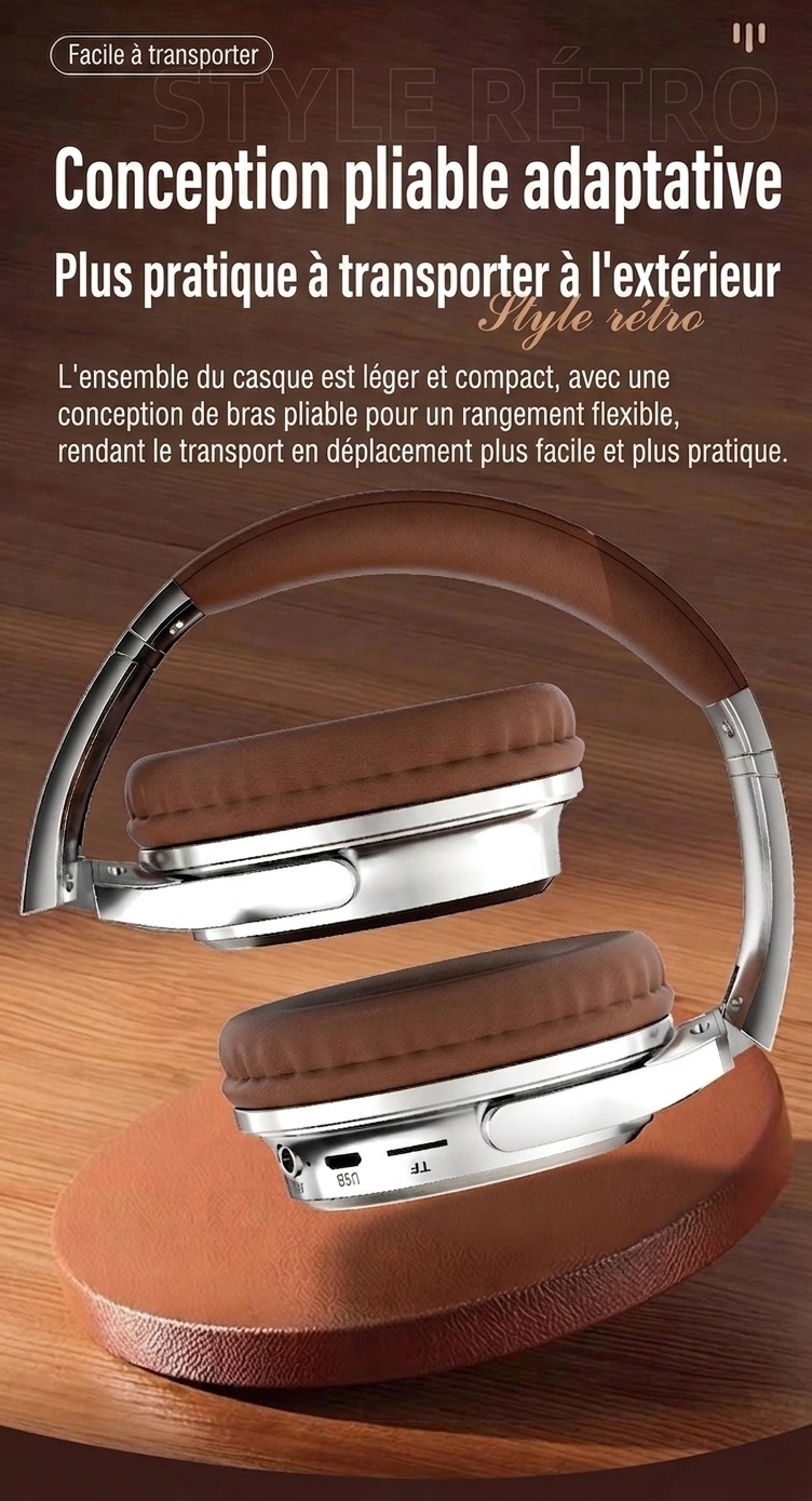 Casque audio rétro sans fil Bluetooth supra-auriculaire avec son haute fidélité