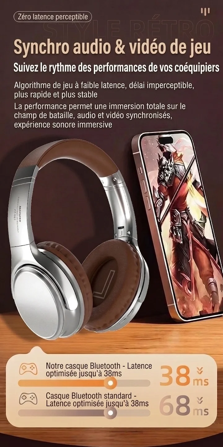 Casque audio rétro sans fil Bluetooth supra-auriculaire avec son haute fidélité
