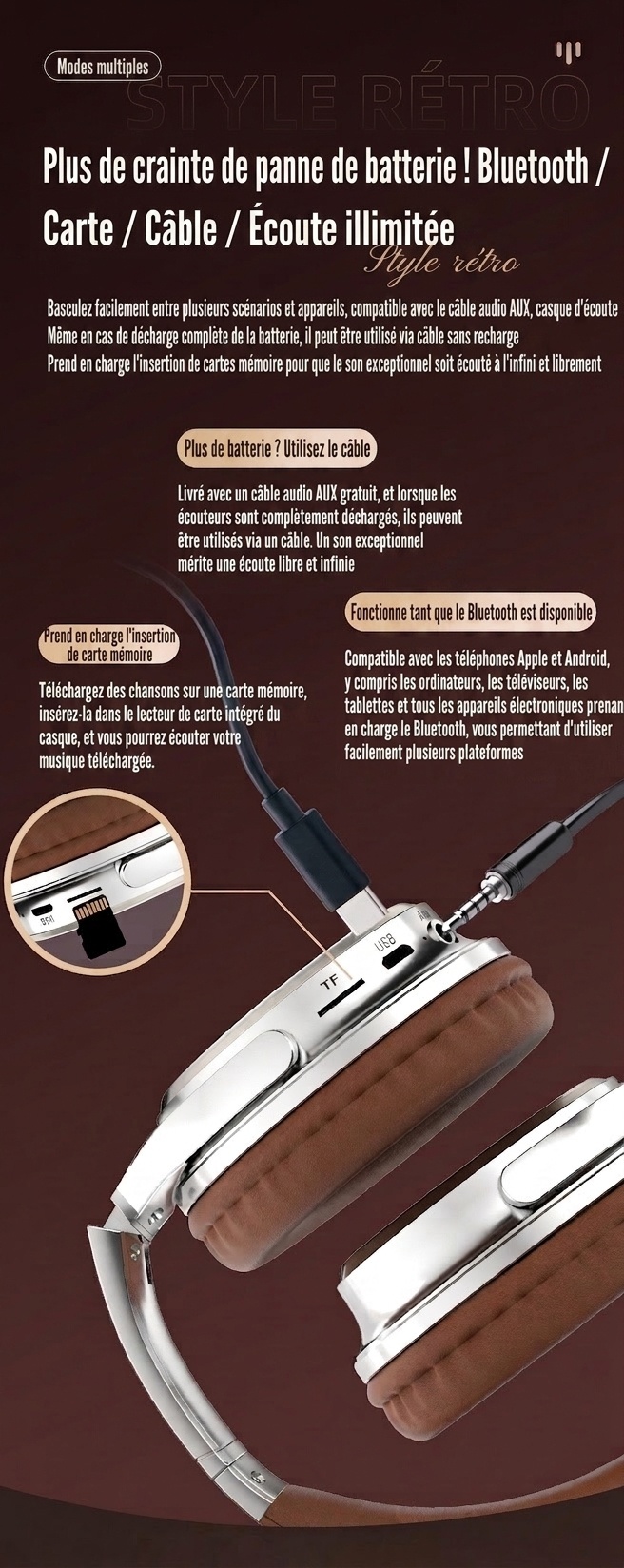 Casque audio rétro sans fil Bluetooth supra-auriculaire avec son haute fidélité