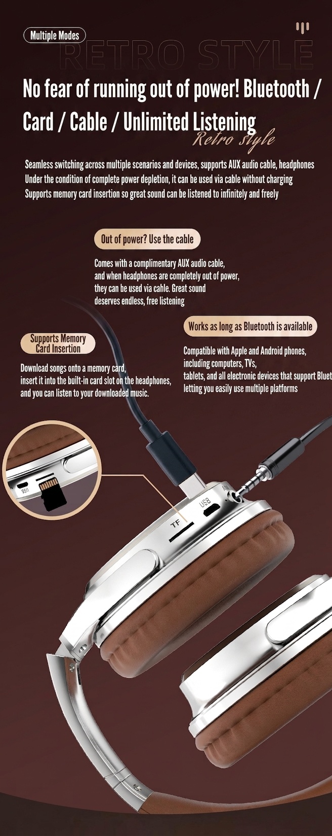 Retro Wireless Bluetooth Headphones Over-Ear Hi-Fi Sound