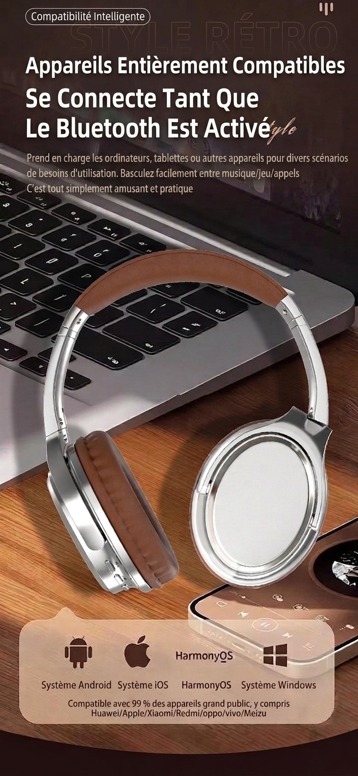 Casque audio rétro sans fil Bluetooth supra-auriculaire avec son haute fidélité