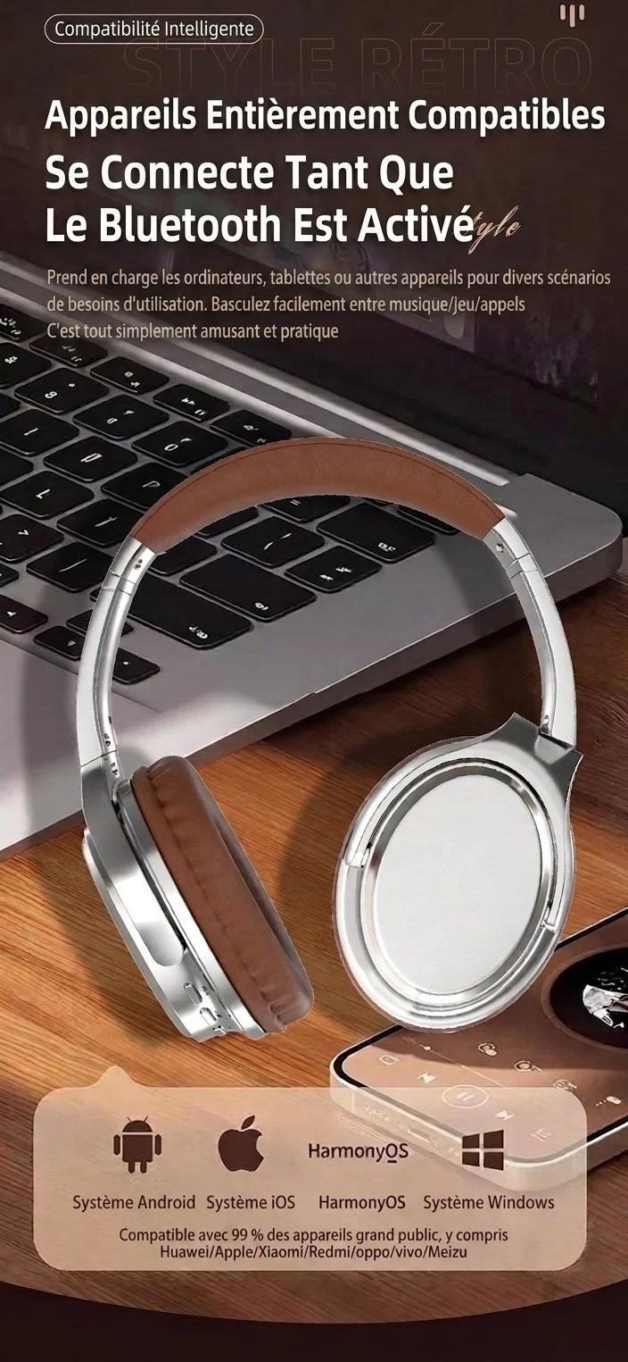 Casque audio rétro sans fil Bluetooth supra-auriculaire avec son haute fidélité