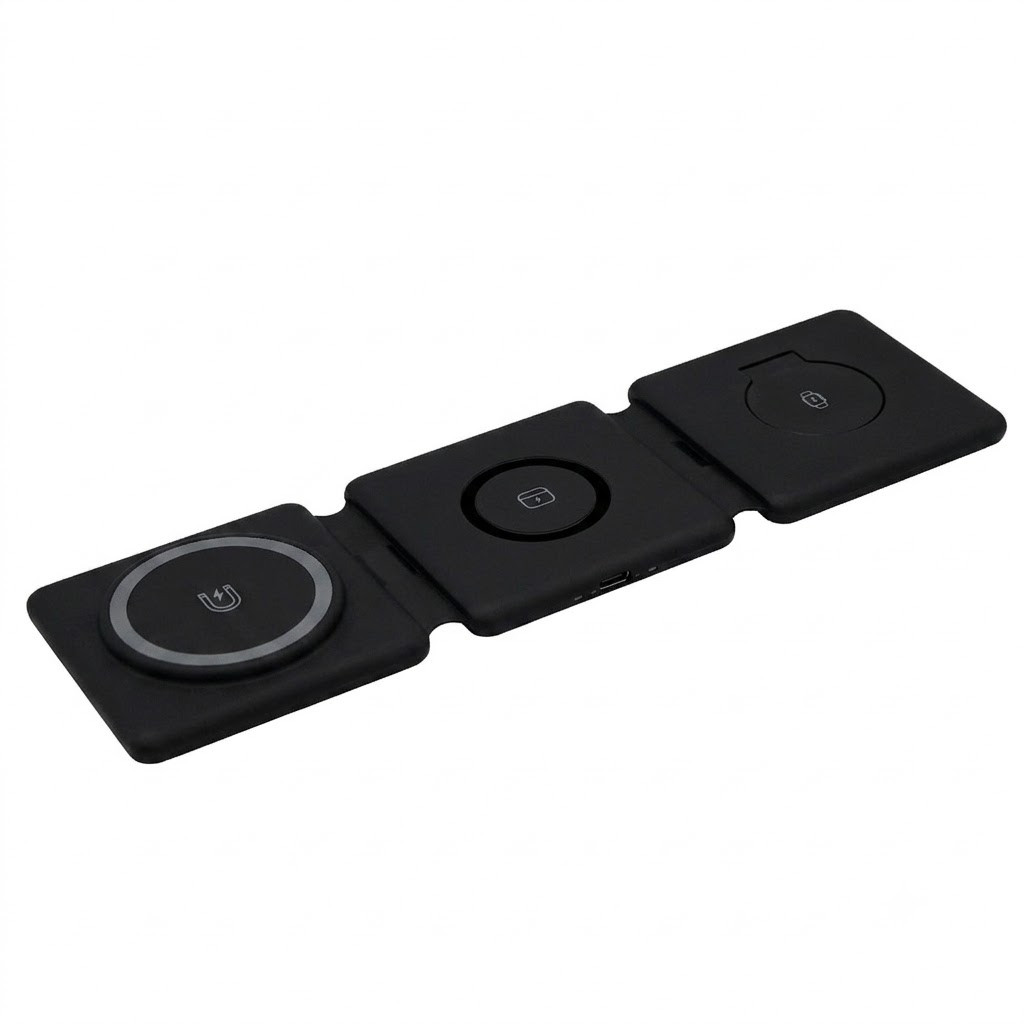 3-in-1 Foldable Wireless Charger for Phone, Watch & Earbuds, Portable Fast Charging Stand, White/Black