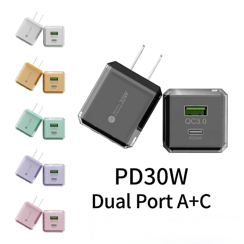 30W Dual Port USB-C and USB-A Fast Charger, Transparent Casing