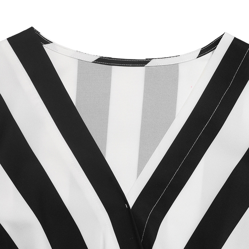 Striped V-Neck Tie-Waist Peplum Blouse with Ruffle Sleeves