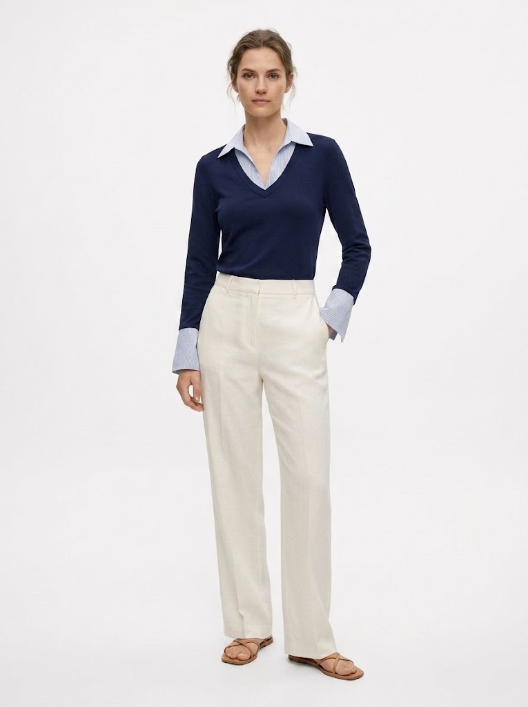 Navy Blue 2-in-1 Collared Long Sleeve Top
