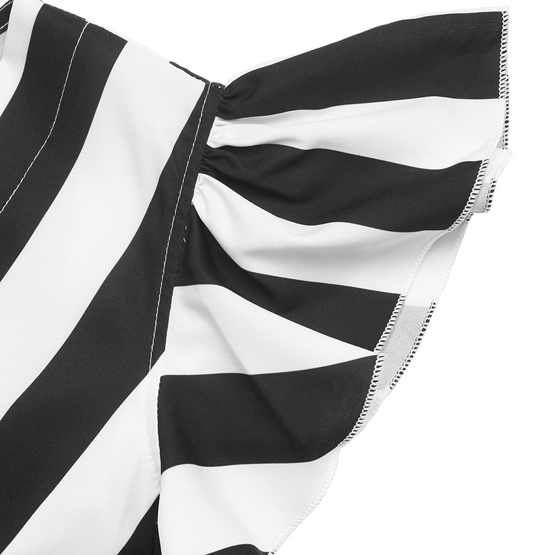 Striped V-Neck Tie-Waist Peplum Blouse with Ruffle Sleeves