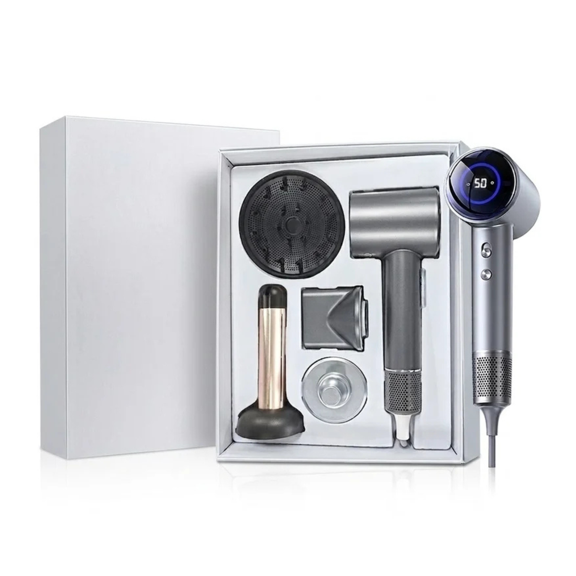 D3-Z Premium Hair Dryer Set, Includes Magnetic Concentrator, Wall Mount, Curling Iron & Diffuser Attachments (Grey)