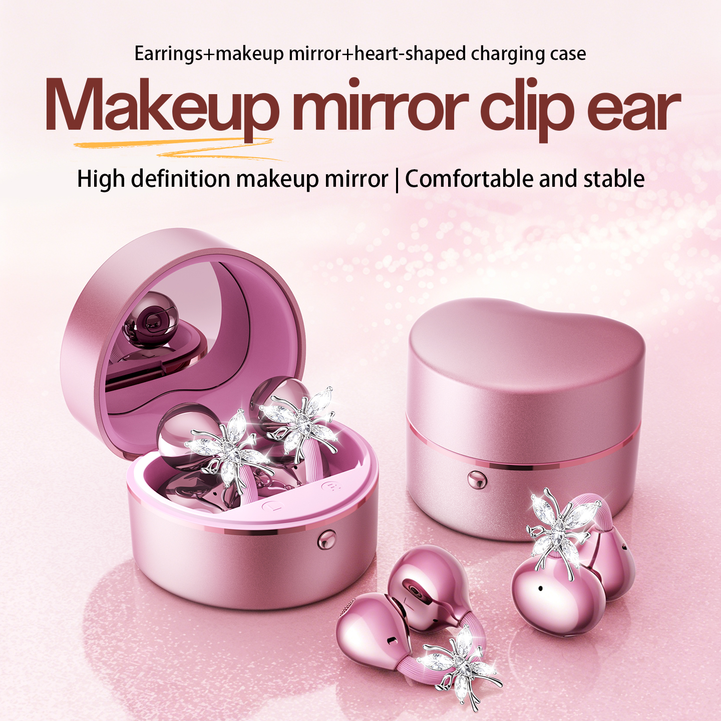 Butterfly Clip-On Wireless Earbuds with Makeup Mirror Case Model#M186