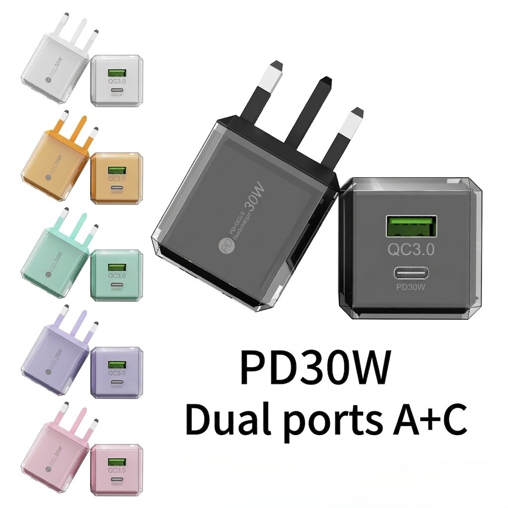 30W Dual Port USB-C and USB-A Fast Charger, Transparent Casing