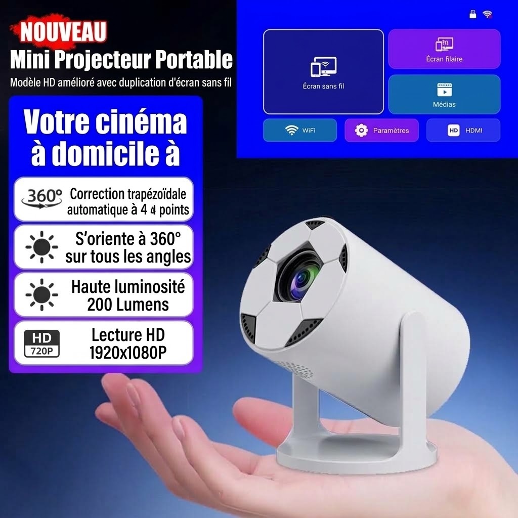 Mini Football Projector, 720P HD Portable Movie Projector with WiFi 6 & HDMI, 200 ANSI Lumens, 110" Display, Built-in High-Fidelity Speaker for Home Theater
