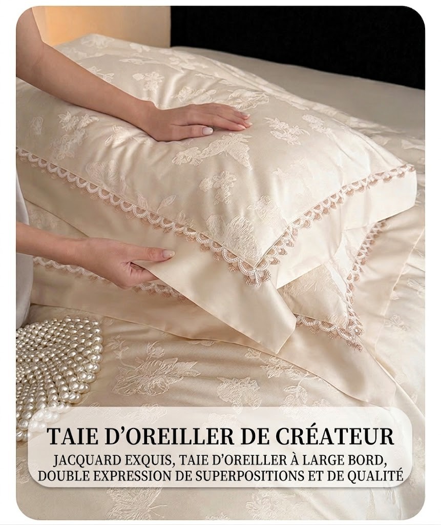 Ensemble de literie 4 pièces de luxe en jacquard floral avec bordure festonnée