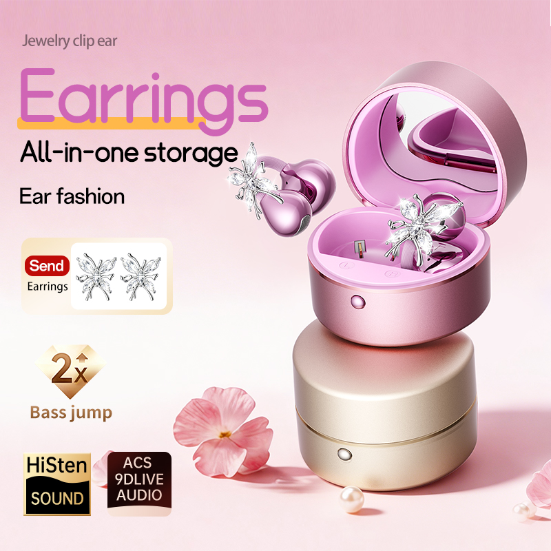 Butterfly Clip-On Wireless Earbuds with Makeup Mirror Case Model#M186