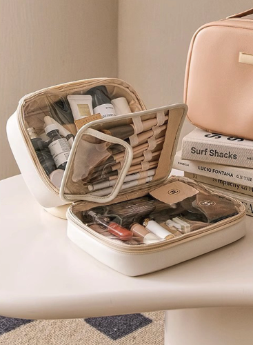 Travel Makeup Bag with Clear Compartments & Brush Holder