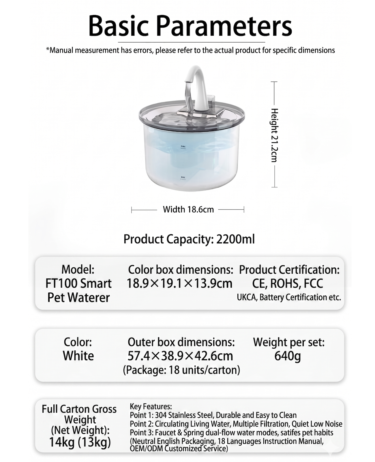 Smart Pet Water Fountain, Stainless Steel, 2.2L, Auto Filter - Model#FT100
