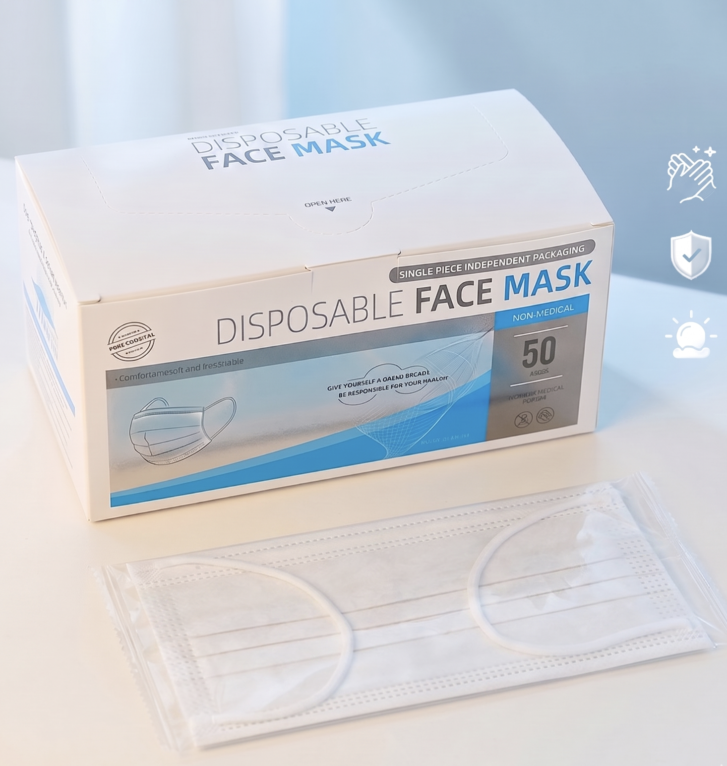 Masques faciaux jetables pour adultes, 3 couches, anti-virus, efficacité de filtration bactérienne (EFB) ≥ 95 %, emballés individuellement, boîte de 50.