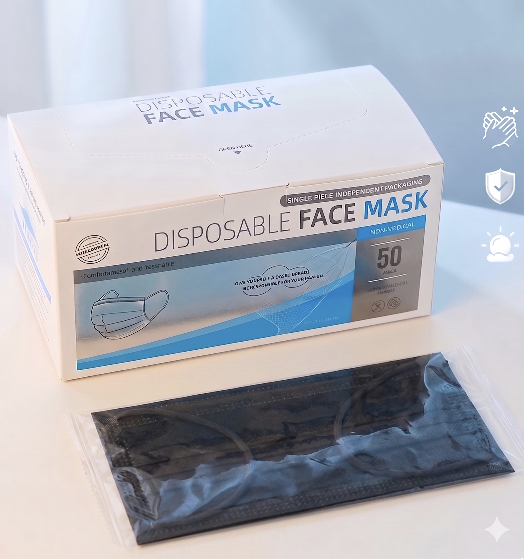 Masques faciaux jetables pour adultes, 3 couches, anti-virus, efficacité de filtration bactérienne (EFB) ≥ 95 %, emballés individuellement, boîte de 50.