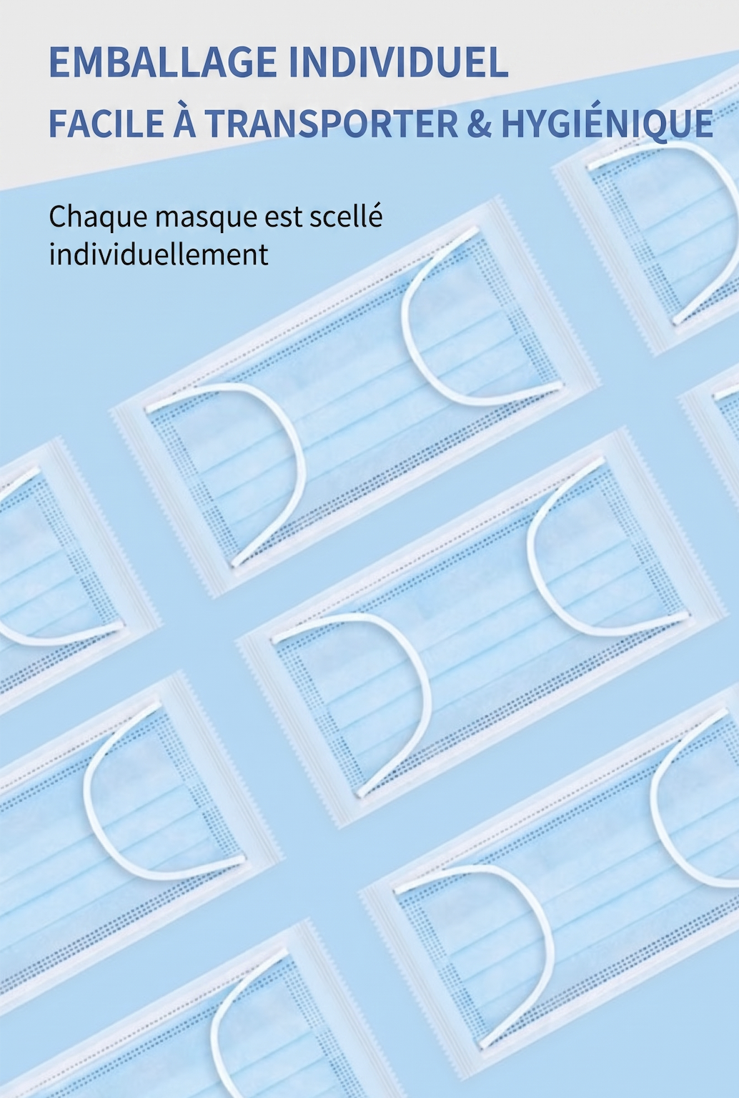 Masques faciaux jetables pour adultes, 3 couches, anti-virus, efficacité de filtration bactérienne (EFB) ≥ 95 %, emballés individuellement, boîte de 50.