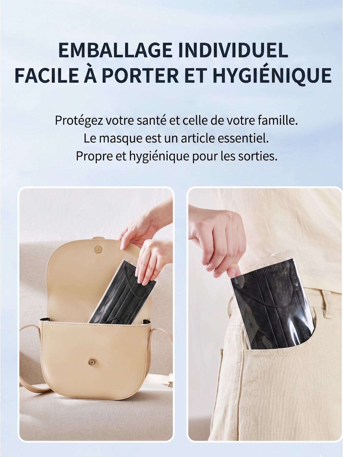 Masques faciaux jetables pour adultes, 3 couches, anti-virus, efficacité de filtration bactérienne (EFB) ≥ 95 %, emballés individuellement, boîte de 50.