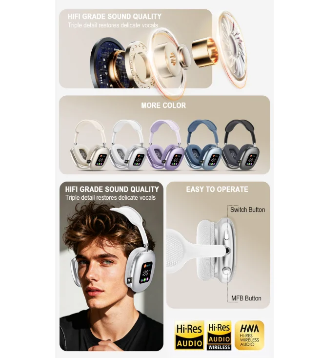 Casque Bluetooth sans fil avec affichage numérique RVB et lecteur de cartes - AKZ MAX600