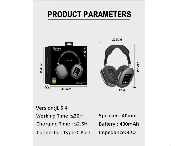 Wireless Bluetooth Headphones with RGB Digital Display & Card Reader - AKZ MAX600