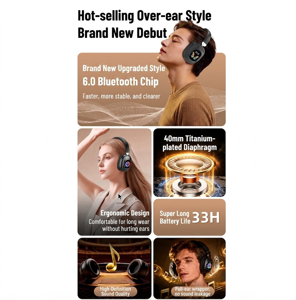 Color LCD Touchscreen Wireless Bluetooth Headphones - AKZ620BT