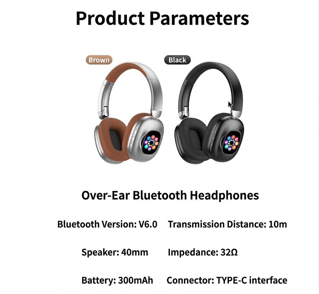 Color LCD Touchscreen Wireless Bluetooth Headphones - AKZ620BT
