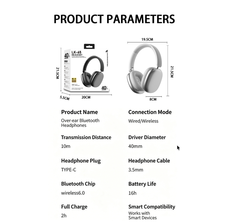 Smart Wireless Bluetooth Headphones - LK65