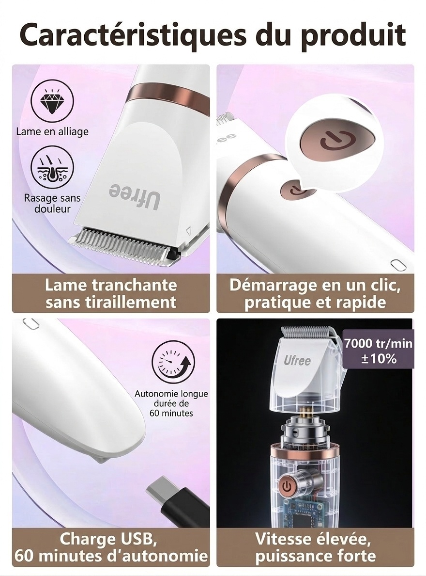 Rasoir et tondeuse électrique pour femmes - Utilisation indolore sur peau sèche ou humide