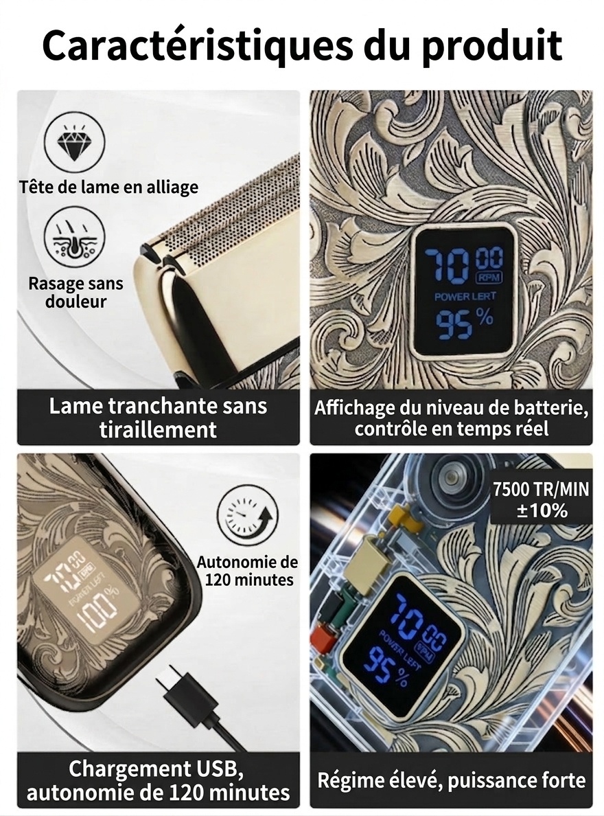 Rasoir électrique portable rétro pour homme - Design gravé vintage