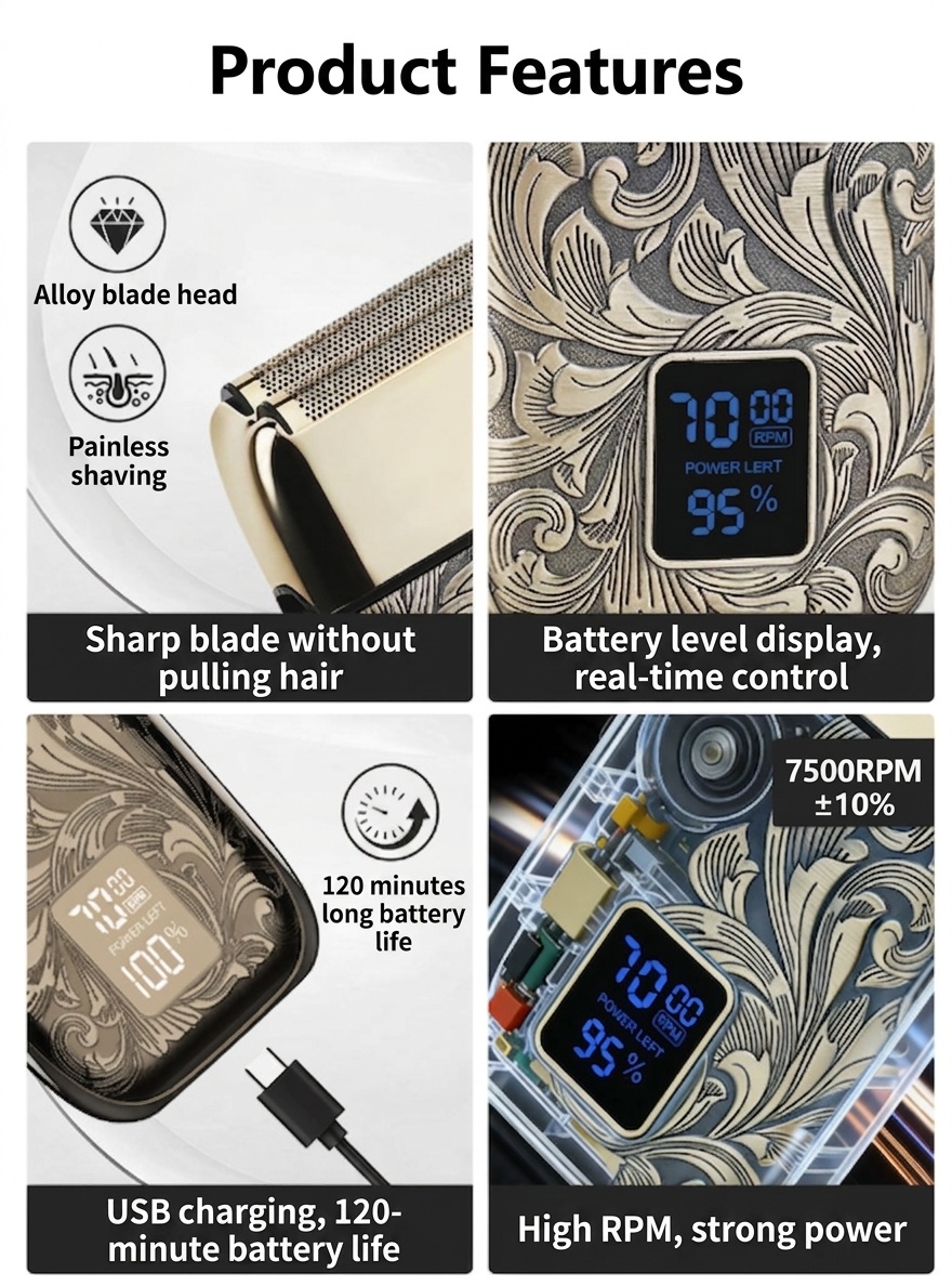 Afeitadora eléctrica portátil de estilo retro para hombre - Diseño vintage grabado