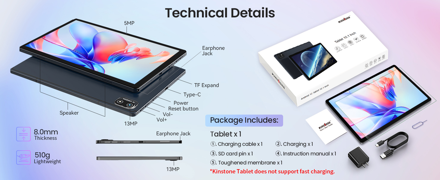 Kinstone 10.1" Android 12 Tablet 8GB+256GB Octa-Core