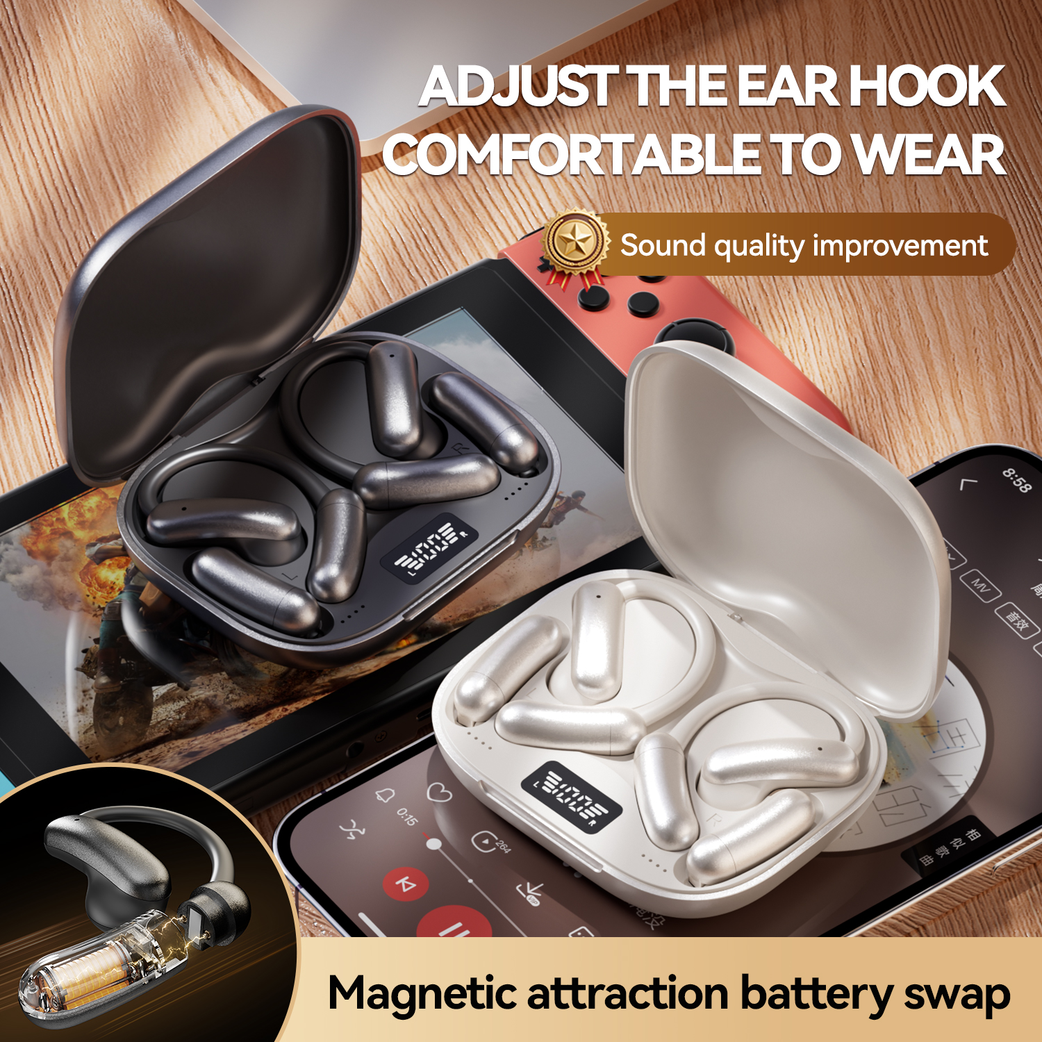 Auriculares inalámbricos Bluetooth de oído abierto con batería magnética Modelo n.° M143