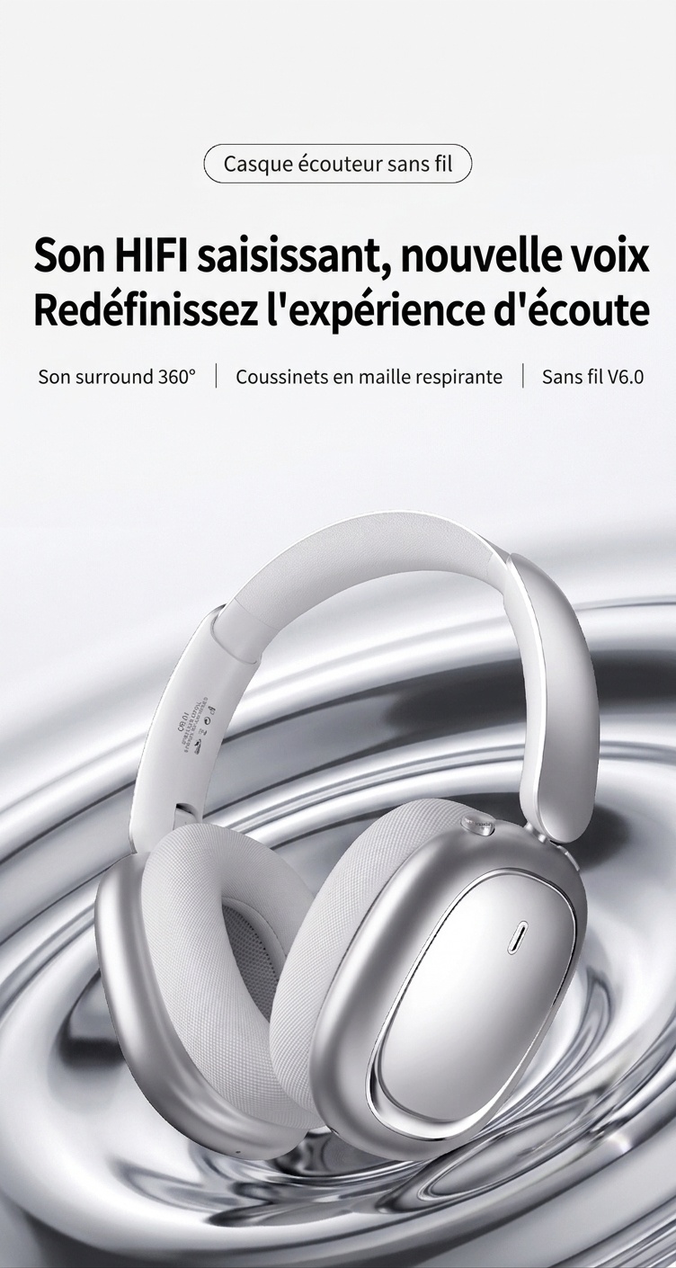 Écouteurs sans fil Bluetooth CR-01, audio HiFi, réduction de bruit active, haut-parleurs de 40 mm