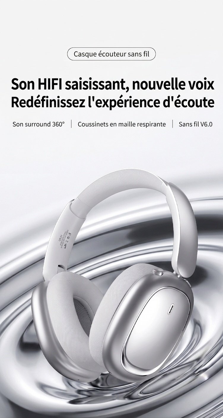 Écouteurs sans fil Bluetooth CR-01, audio HiFi, réduction de bruit active, haut-parleurs de 40 mm