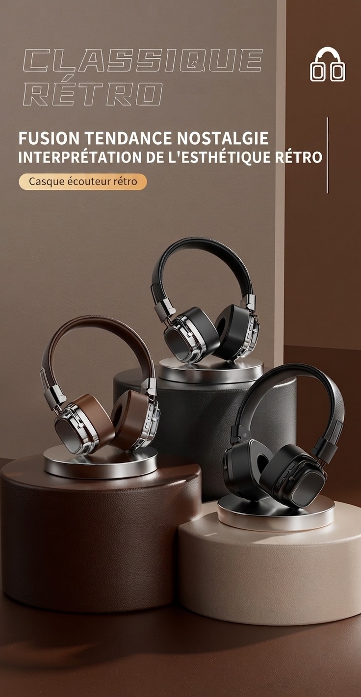 Casque sans fil rétro avec haut-parleurs de 40 mm et Bluetooth 5.3