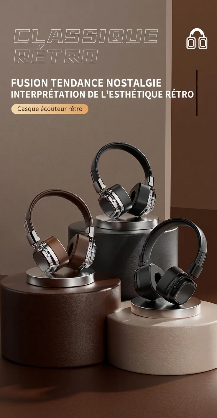 Casque sans fil rétro avec haut-parleurs de 40 mm et Bluetooth 5.3
